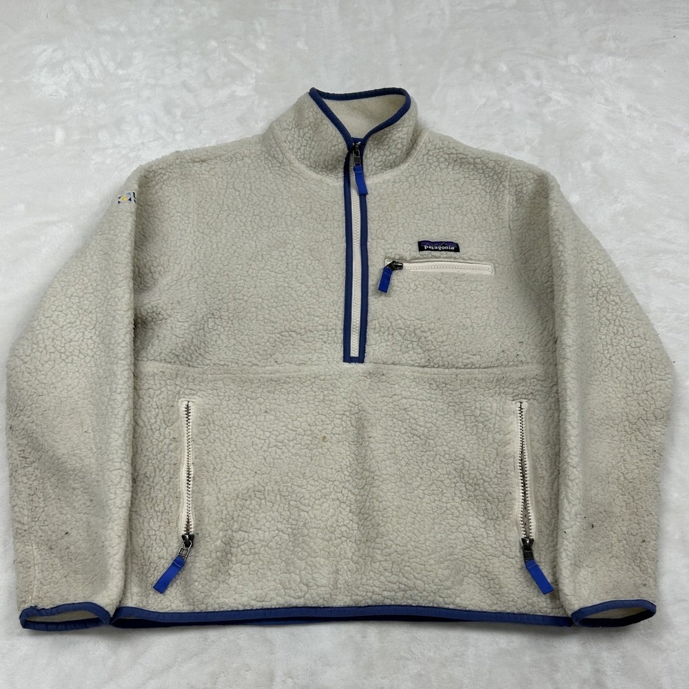 Patagonia Retro-X Fleece Pullover Womens Medium Cream Blue Quarter Zip Sherpa